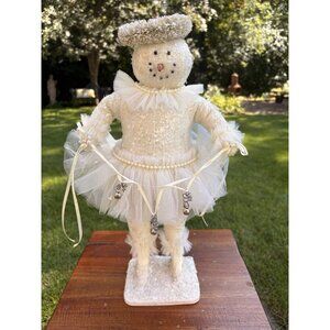 Bethany Lowe Snowman Christmas Snow Lady Tutu Pearls Holding Bell Garland 15”